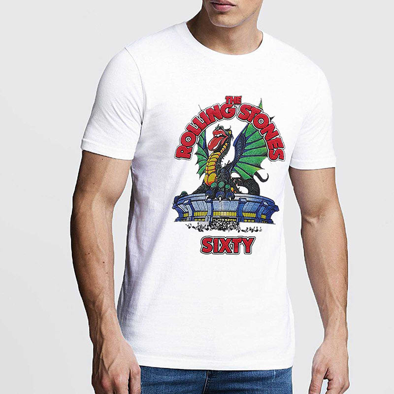 Model wearing a Rolling Stones T-Shirt - Sixty Stadium Dragon Hi-Build (Unisex)