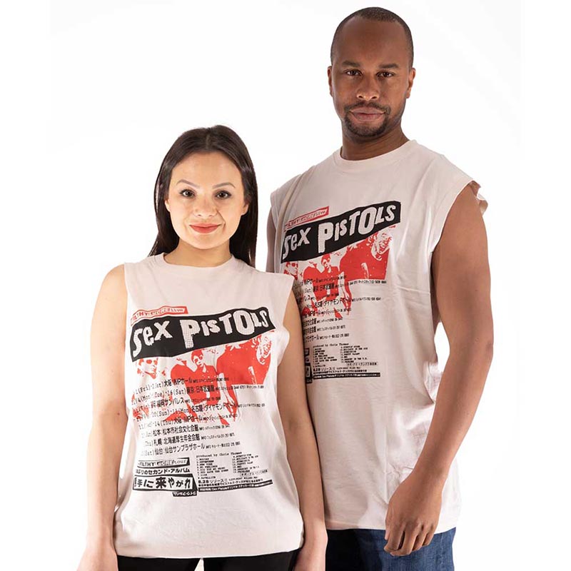 Models wearing The Sex Pistols Sleeveless T-Shirt - Filthy Lucre Tour with Rhinestones (Unisex)