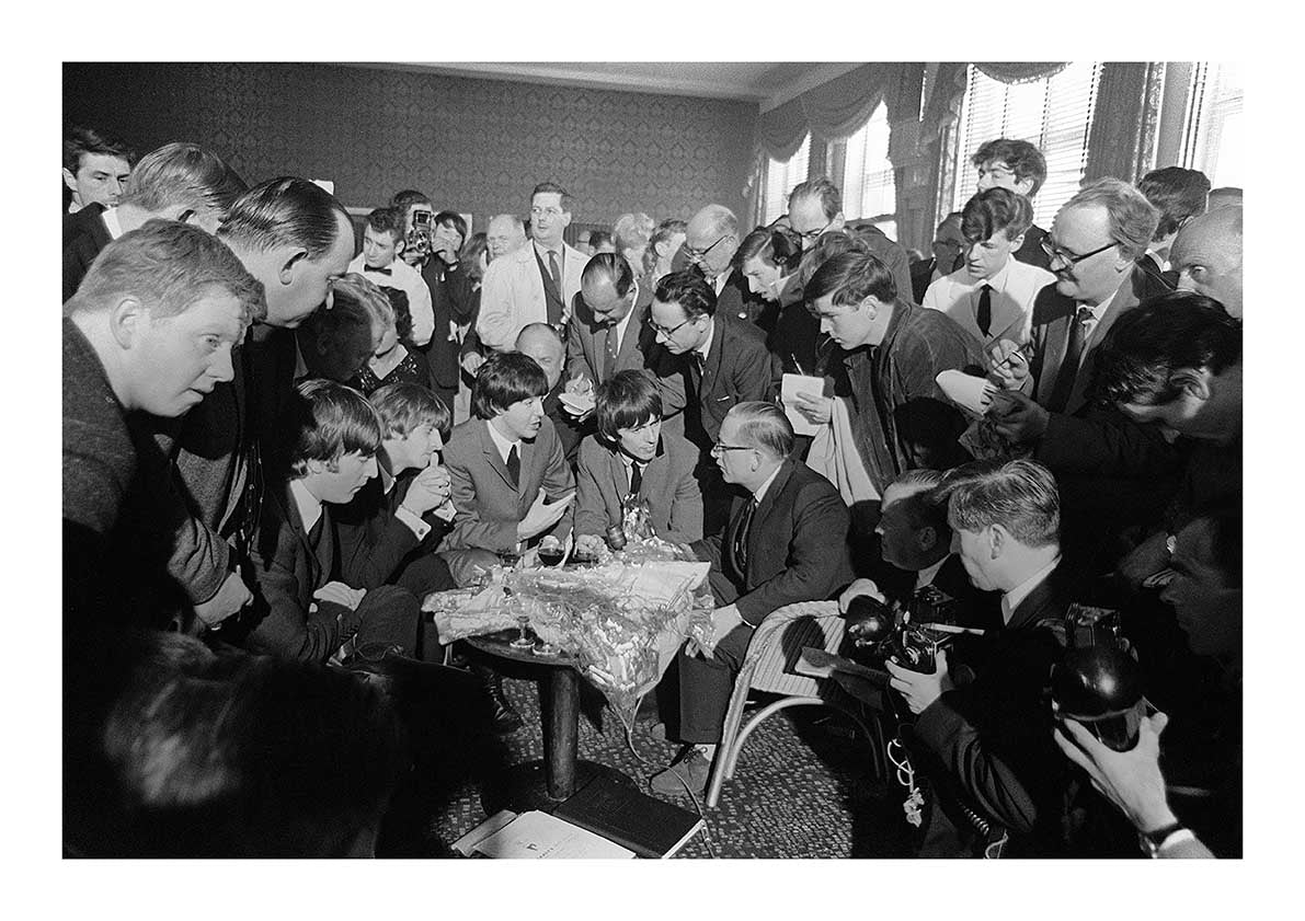 The Beatles - John Lennon, Paul McCartney, George Harrison and Ringo Starr arrive at Liverpool Airport for the Northern Premiere of "A Hard Day's Night", 1964