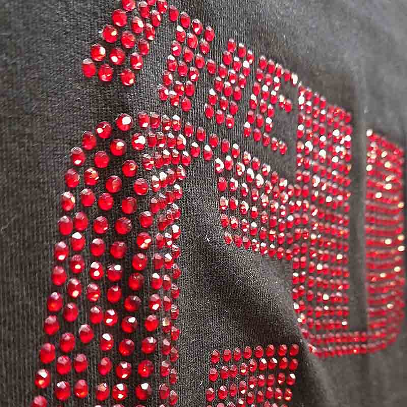 The Cure T-Shirt - Red Logo with Rhinestones (Unisex) Detail