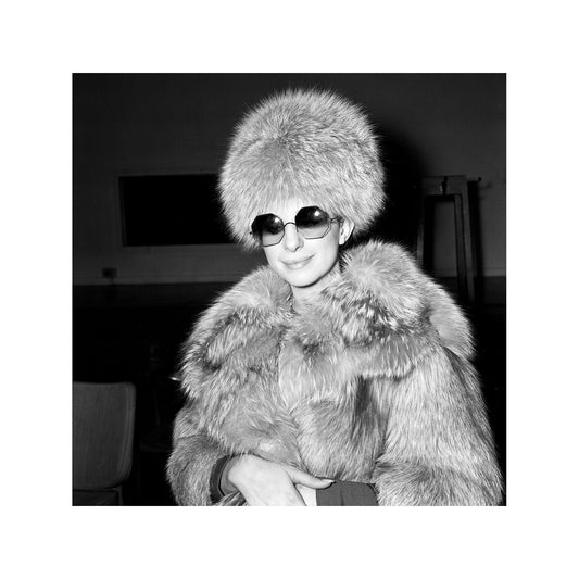 Barbra Streisand - Black and White Portrait in a Fur Coat, England, Print
