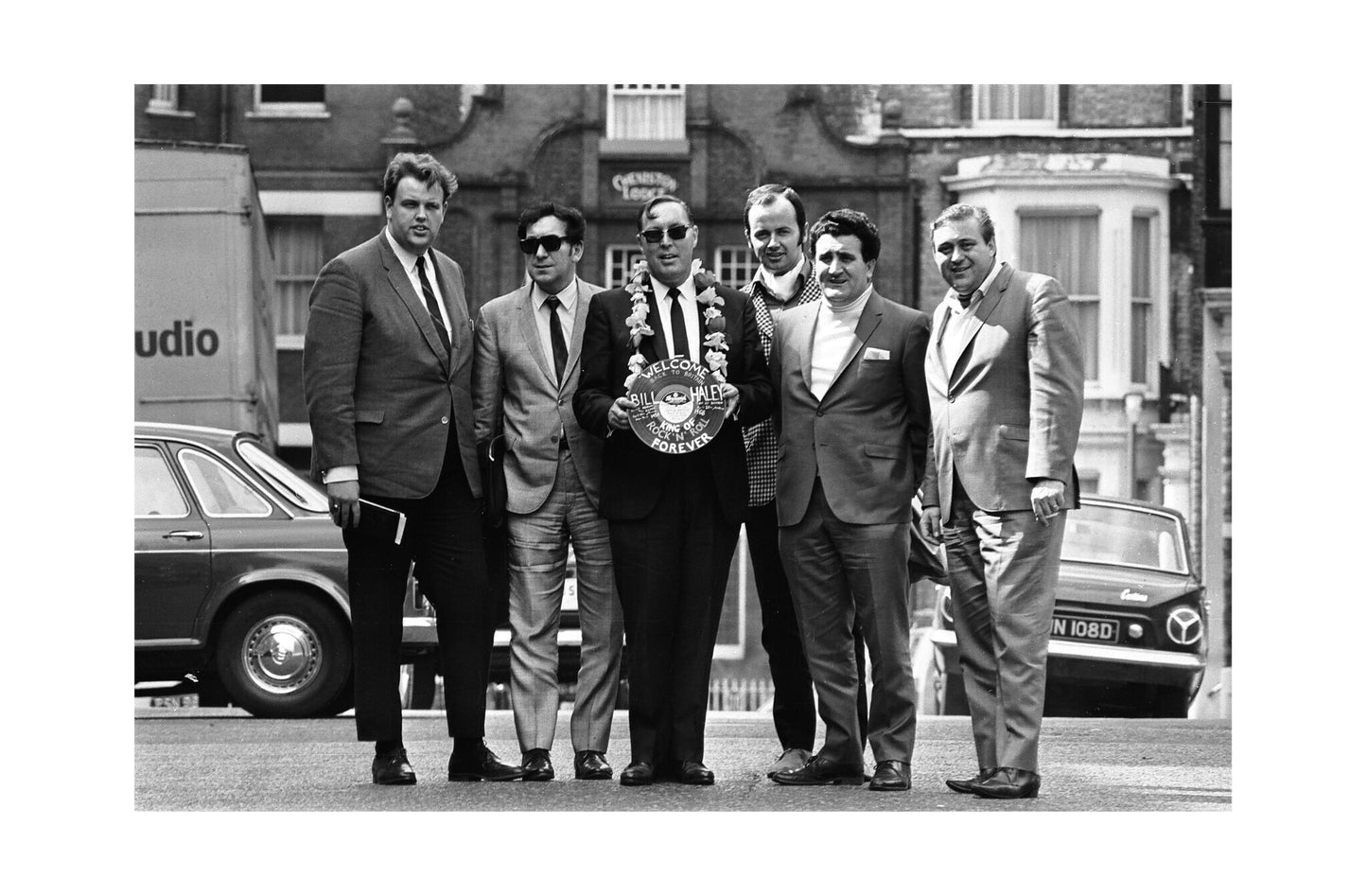 Bill Haley and the Comets - Posing with their "Welcome Back to Britain" Record, England, 1968 Print (2/3)