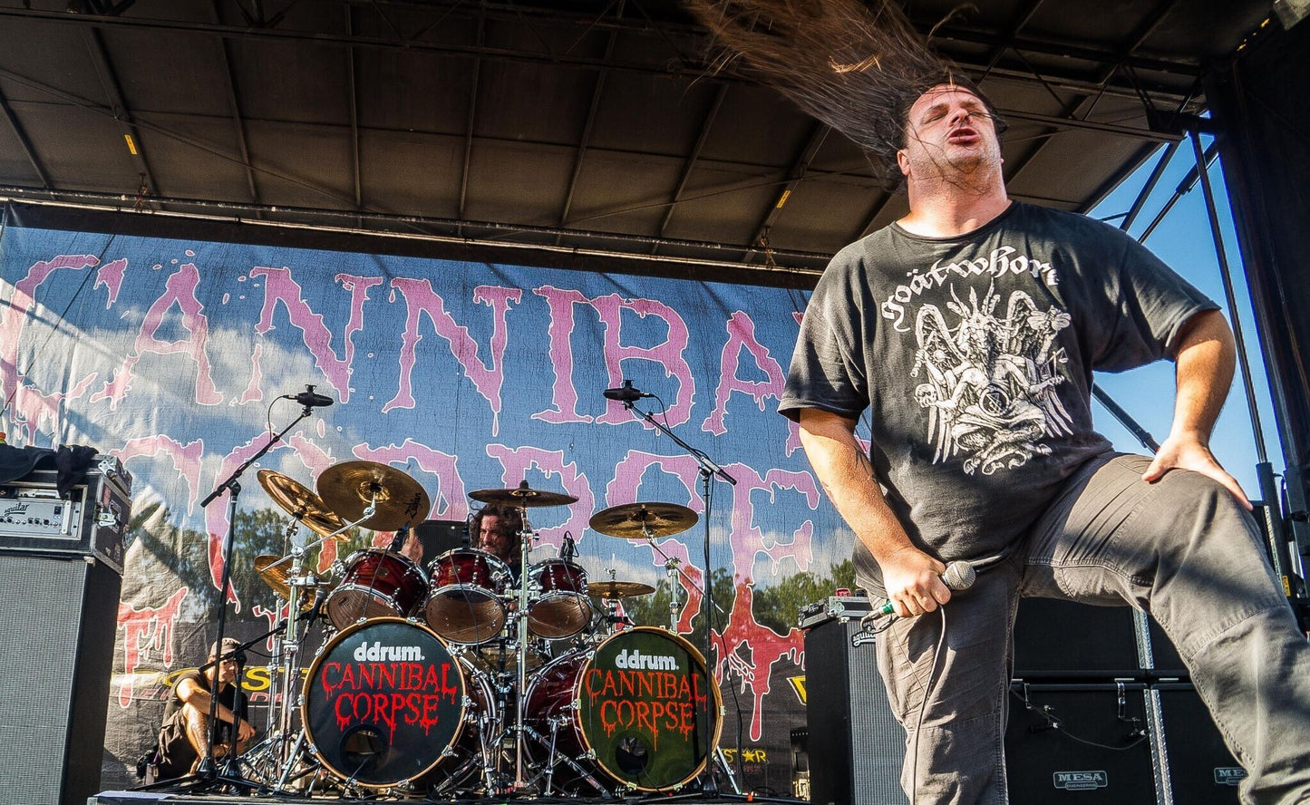 Cannibal Corpse - George Fisher and Paul Mazurkiewicz on Stage with the Band's Banner Backdrop, USA, 2014 Poster