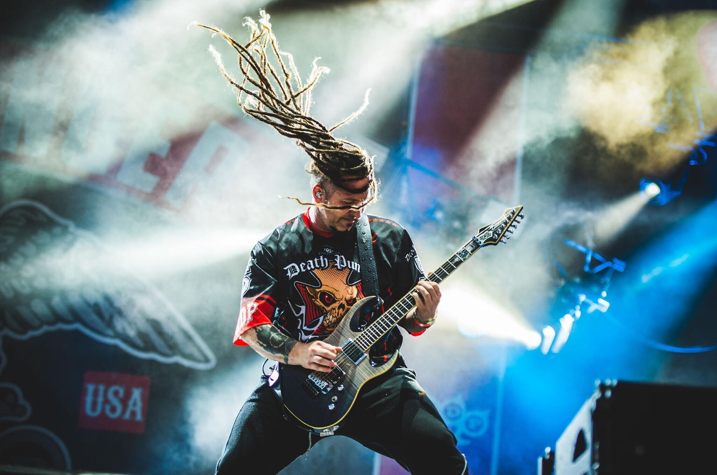 Five Finger Death Punch - Zoltan Bathory on Stage with Banner Backdrop, France, 2017 Poster (2/3)
