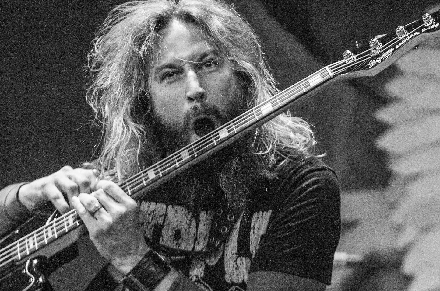 Mastodon - Troy Sanders' Black and White Portrait with His Bass, USA, 2013 Poster