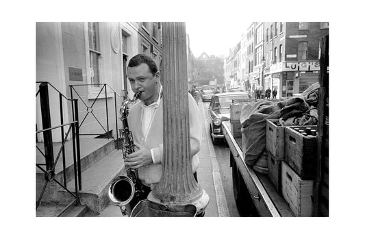 Stan Getz - Tenor Saxophonist Playing in the Street, England, 1964 Print