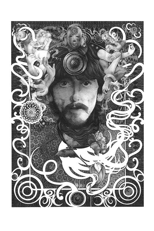 The Beatles - George Harrison Psychedelic Black and White Illustration, Poster (7/7)