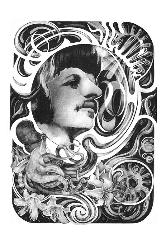 The Beatles - Ringo Starr Psychedelic Black and White Illustration, Poster (6/7)