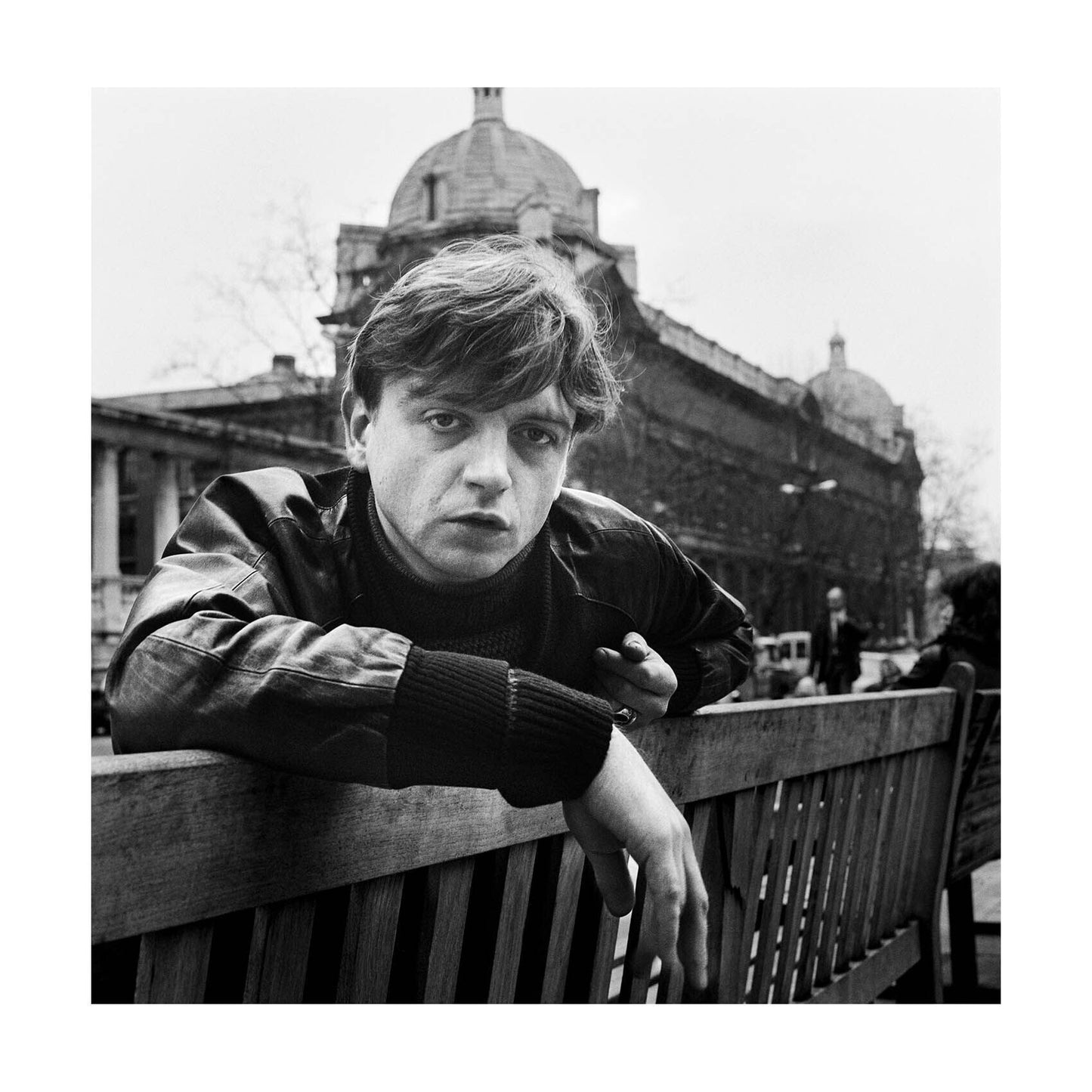 The Fall - Mark E. Smith's Black and White Portrait Sitting on a Bench, England, 1990 Print
